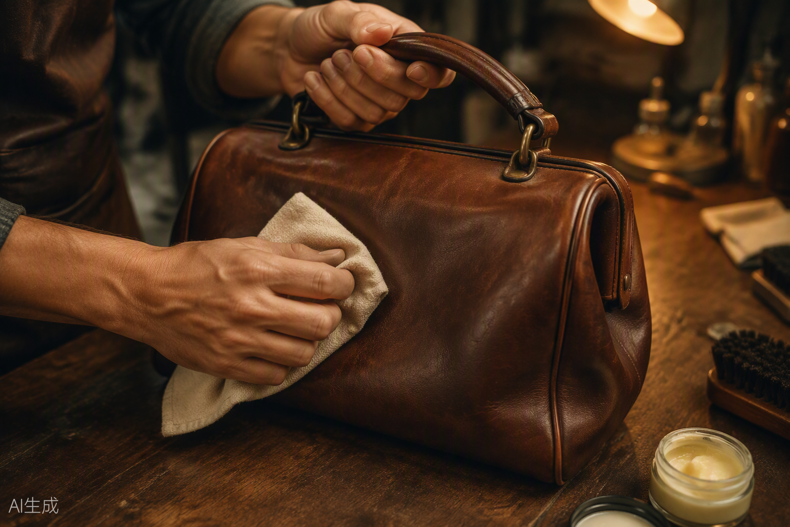 Hand-conditioning a vintage leather bag at PLB Supplier